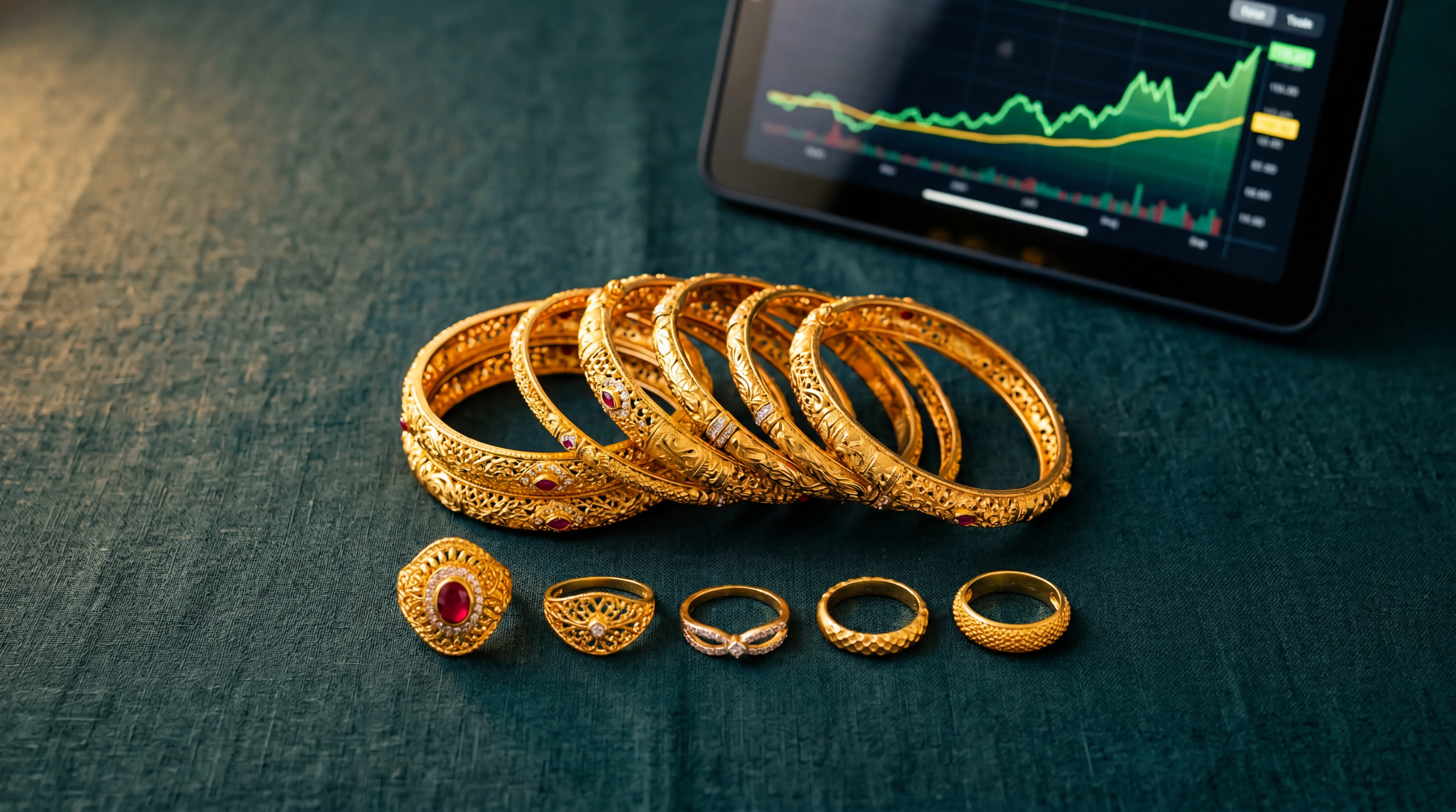 22K gold jewellery flat lay with rising gold rate graph — IGoldcash Dehradun